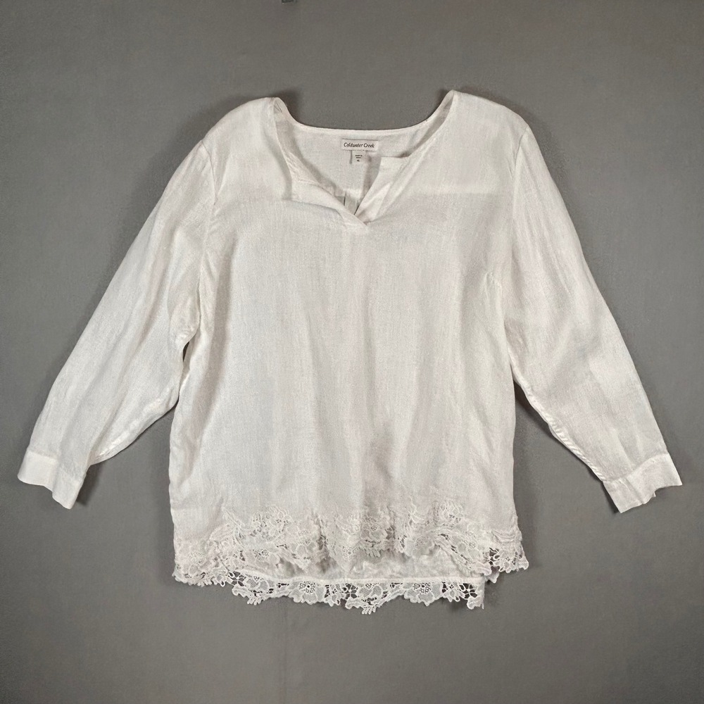 Coldwater Creek White Linen Lace Hem Tunic Blouse XL Split Neck Long Sleeve
